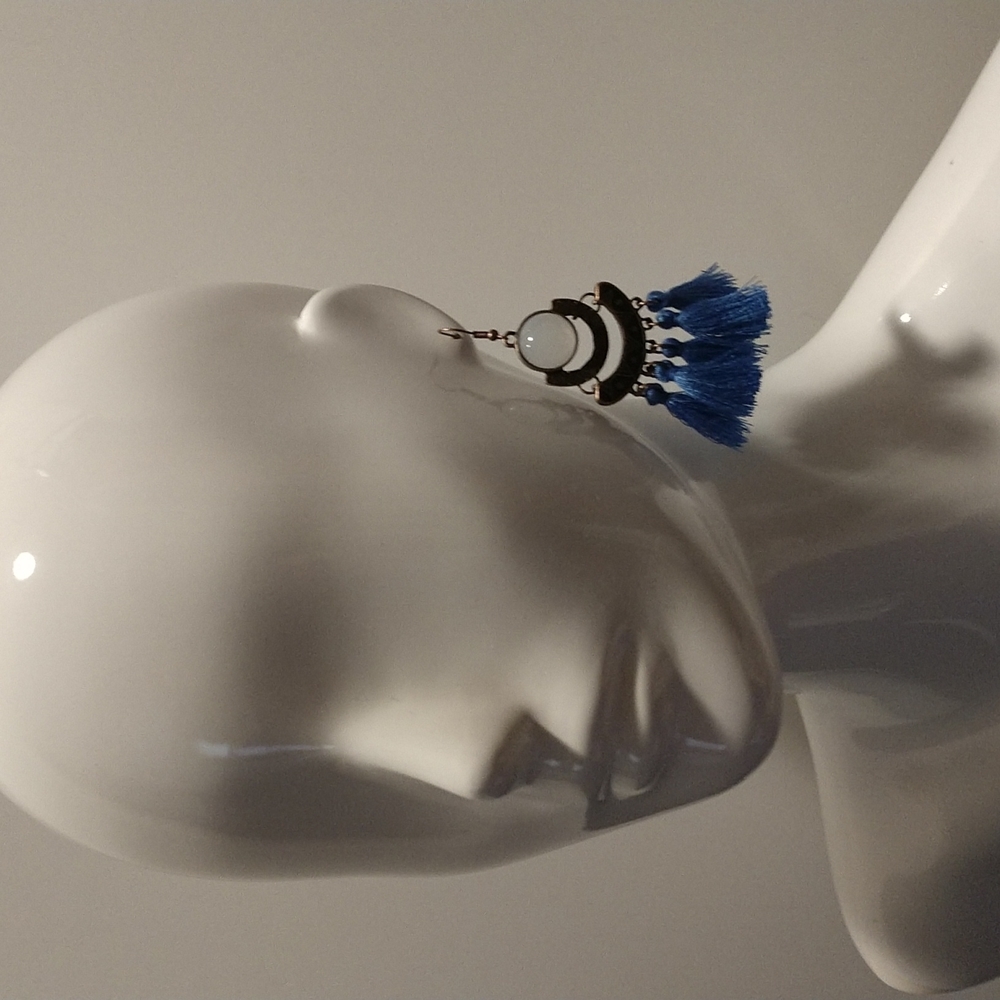 Moonstone Blue Tassel 3.5" Fishhook Earrings Boho Aztec Bold Lightweight - Picture 4 of 6